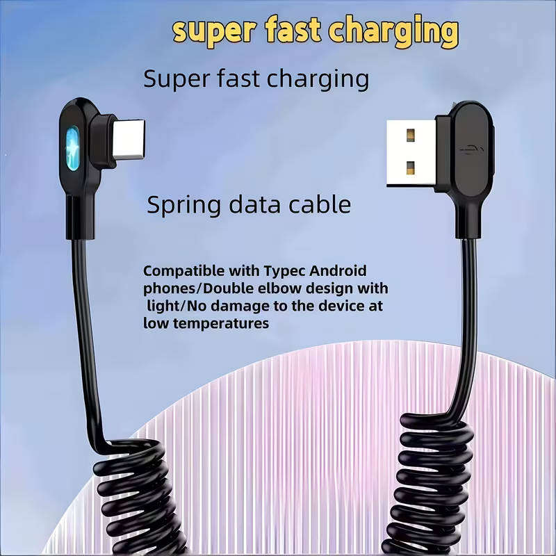 Fast Charger Cable USB to USB 90 Degree Type-C Spring Cable Black **LOCAL STOCK**