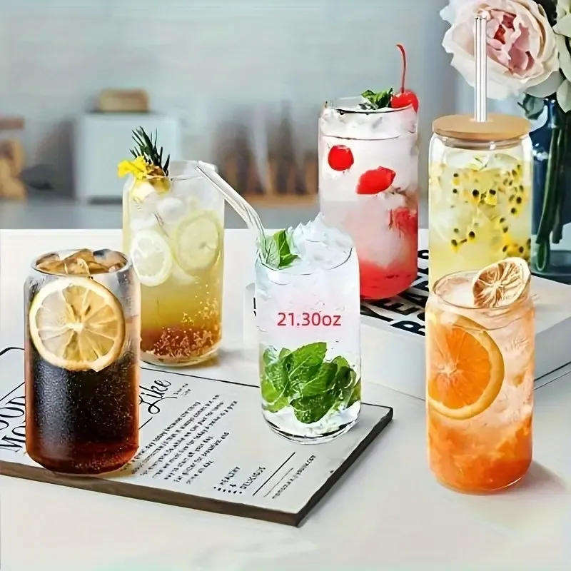 4pcs Set (1 550Ml Water Cup + 1 Bamboo Lid + 1 Glass Straw + 1 Straw Brush)