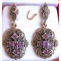 Sterling Silver, Marcasite  &  Amethyst  Earrings