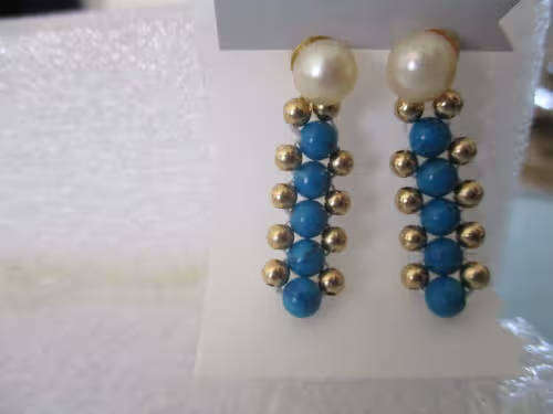 14ct Yellow Solid  Gold Turquoise and Culture Pearl  Earrings