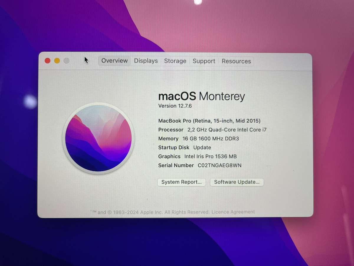 MacBook Pro "Core i7 2.2Ghz 15" Mid 2015 - 256gb