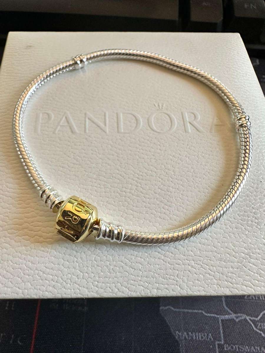 Pandora Preowned Retired Two Tone Silver Bracelet With Snap Clasp & Pouch