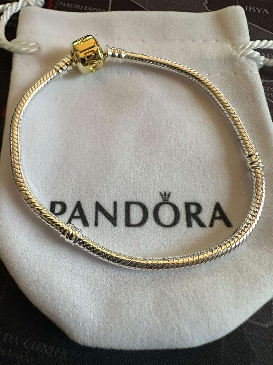 Pandora Preowned Retired Two Tone Silver Bracelet With Snap Clasp & Pouch