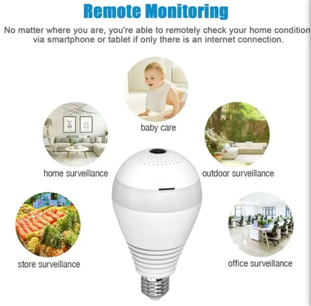 E27 WIFI 360 Bulb Camera - Mini Panoramic Fish Eye Camera - Night Vision, Support for Android/iOS..
