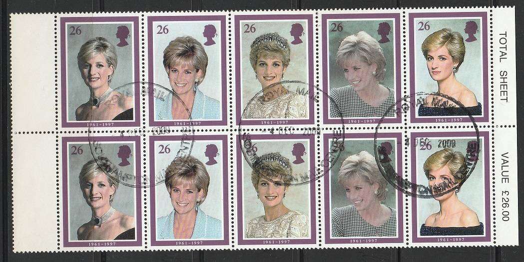 Great Britain Block of 10 postally used princess Diana stamps as scan.Has been folded
