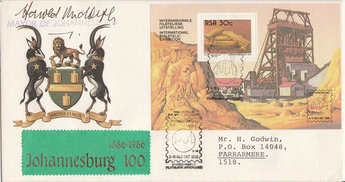 South Africa cover for 1986 Jo,burg 100 signed by Mayor Harold Rudolph as scan