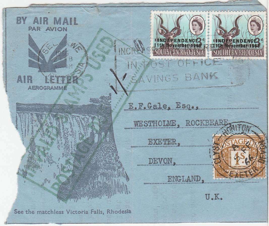 Rhodesia Air Letter Front only Invalied stamps Postage Due 1/- as scan