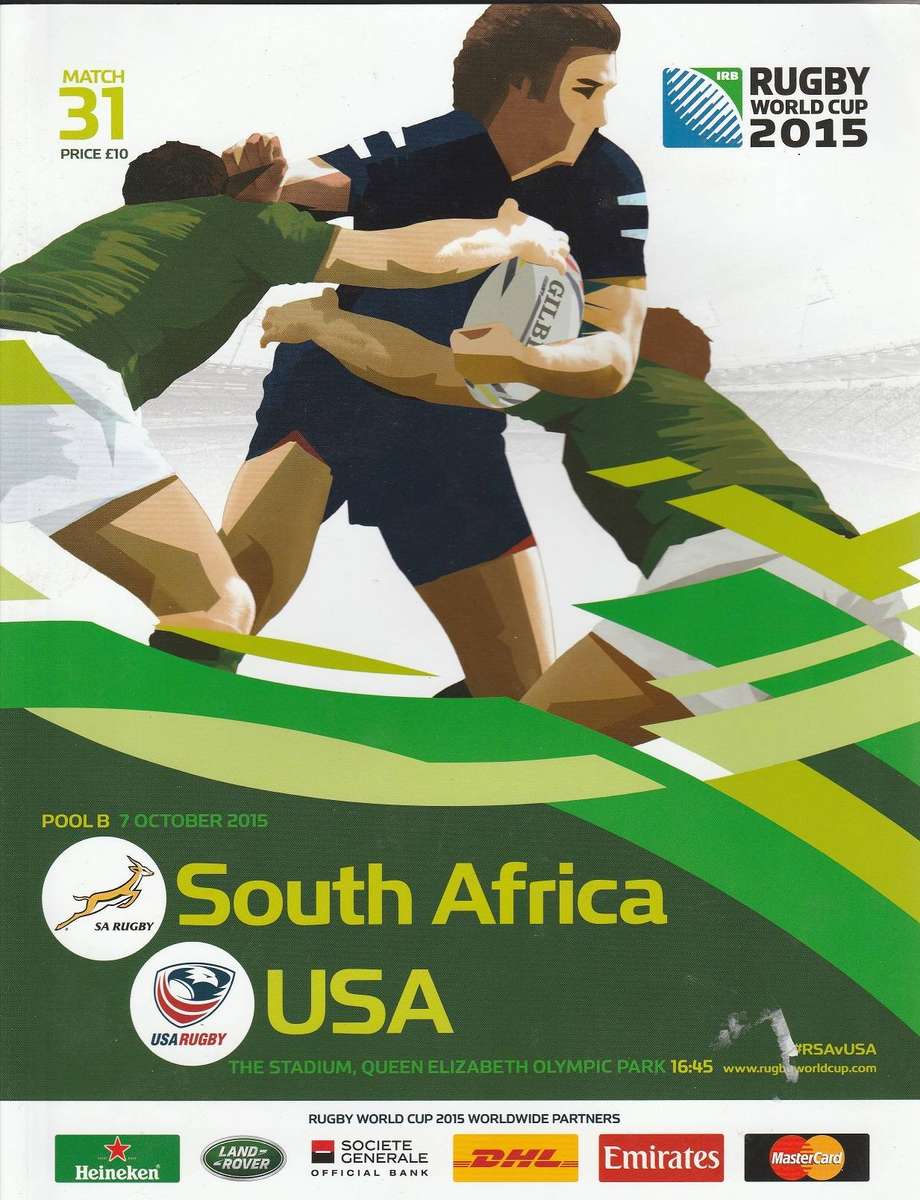 South Africa 2015 Rugby World Cup  progamme  Against USA. Includes Matchday Ticket as scans
