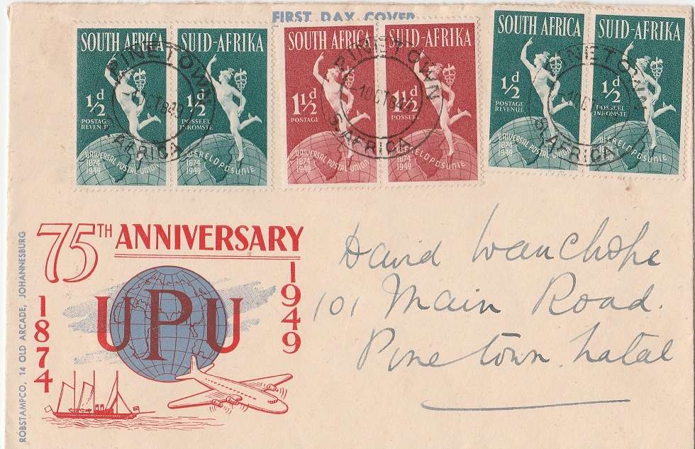 South Africa UPU anniversaries part set on Illustrated FDC as scan