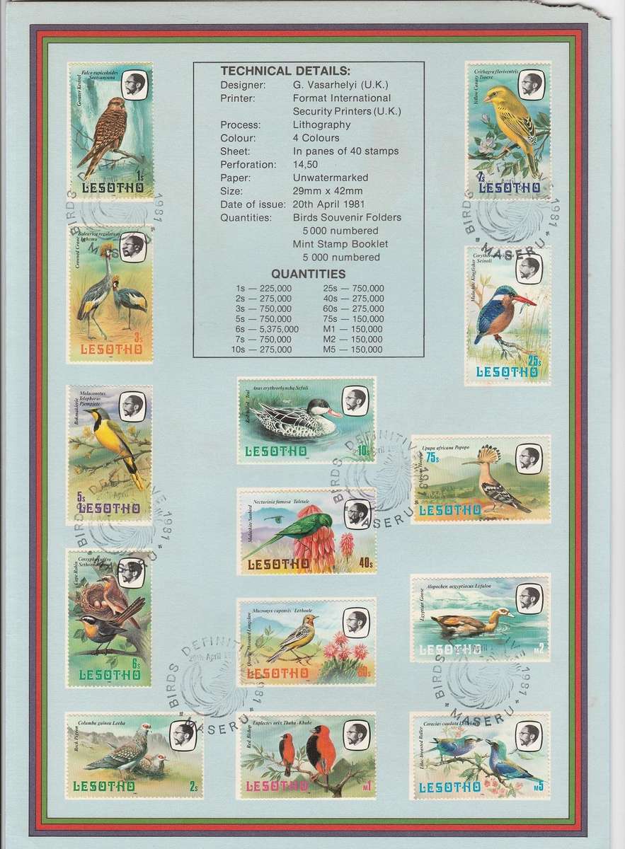 Lesotho Birds Definitives Folder as scan Note nibbled corner so selling as used stamps
