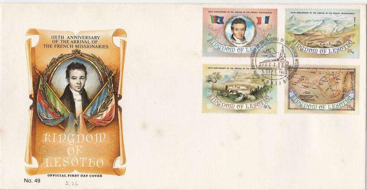 Lesotho 150 Years anniversary of French Missionaries FDC + 4 maxi cards FDC as scan