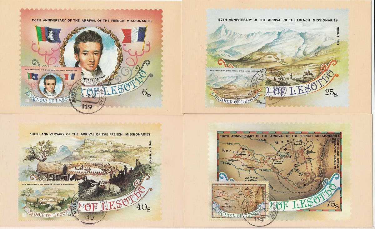 Lesotho 150 Years anniversary of French Missionaries FDC + 4 maxi cards FDC as scan