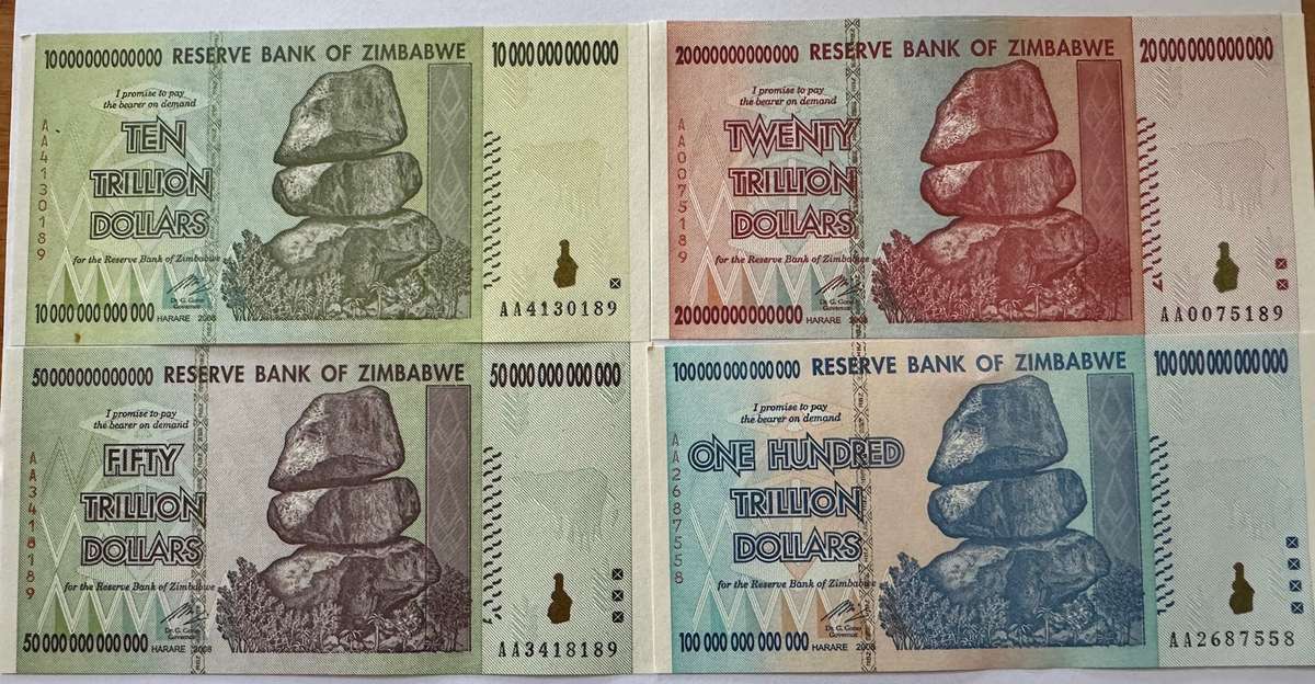 Set of 4 Trillion dollar notes Zimbabwe 2008 UNC