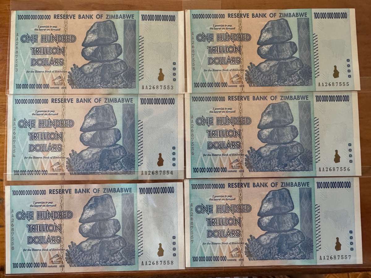 Six Authentic 100 Trillion Zimbabwe Banknotes