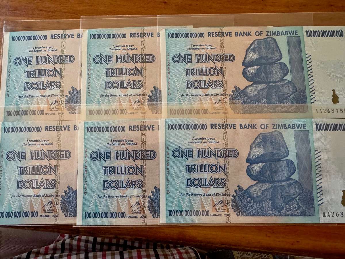 Six Authentic 100 Trillion Zimbabwe Banknotes