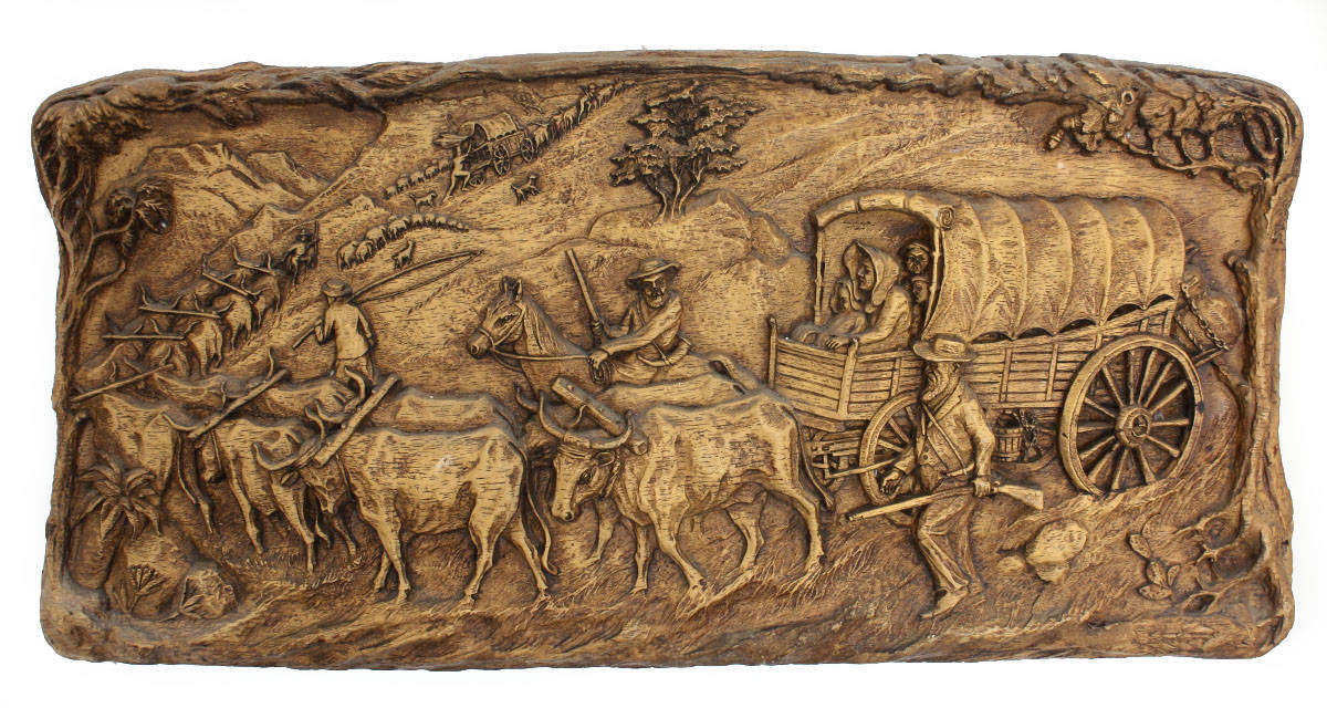 Groot Trek - Vintage Syroco wood plaque commemorating the Groot Trek Eeufees (Centenary) of 1938.