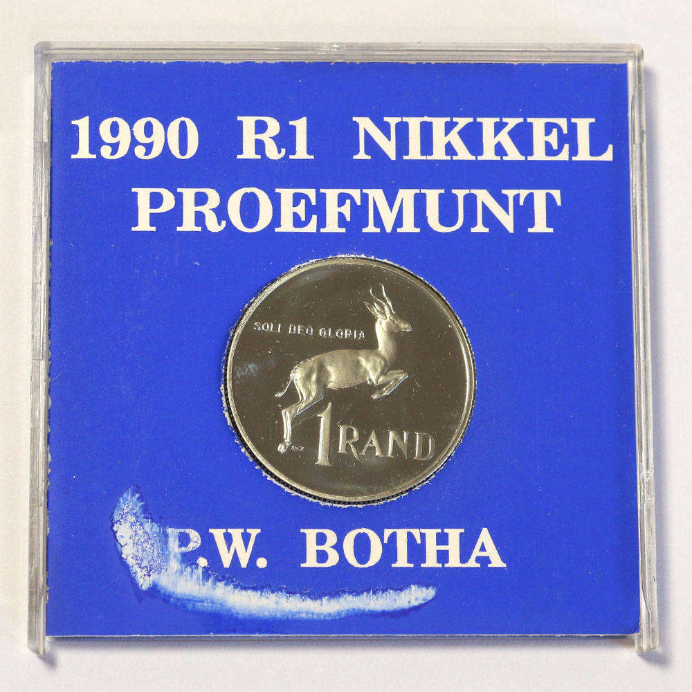 1990 P.W Botha proof nickel R1 coin in case