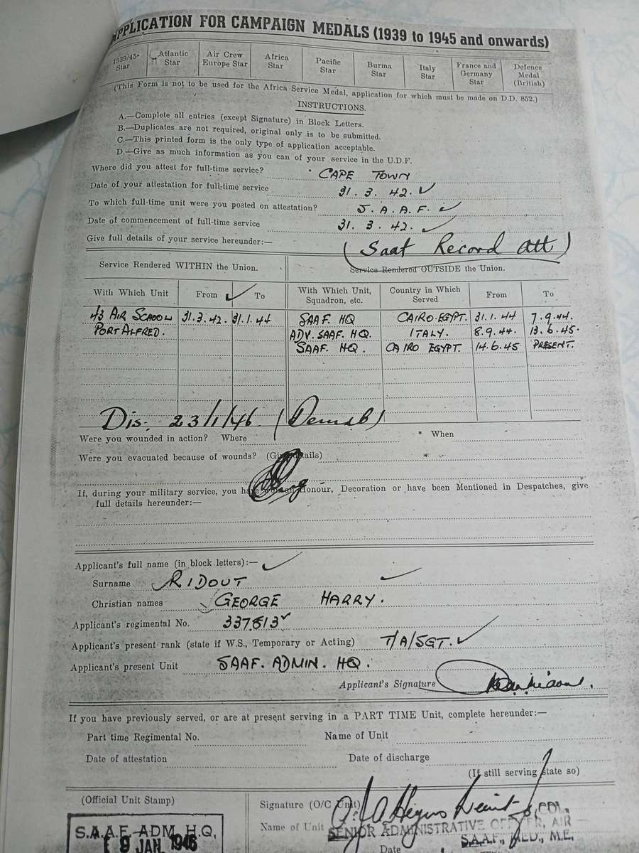 WW2 SA Defence Medal / War Medal & A.S.M. with Service Record - SAAF