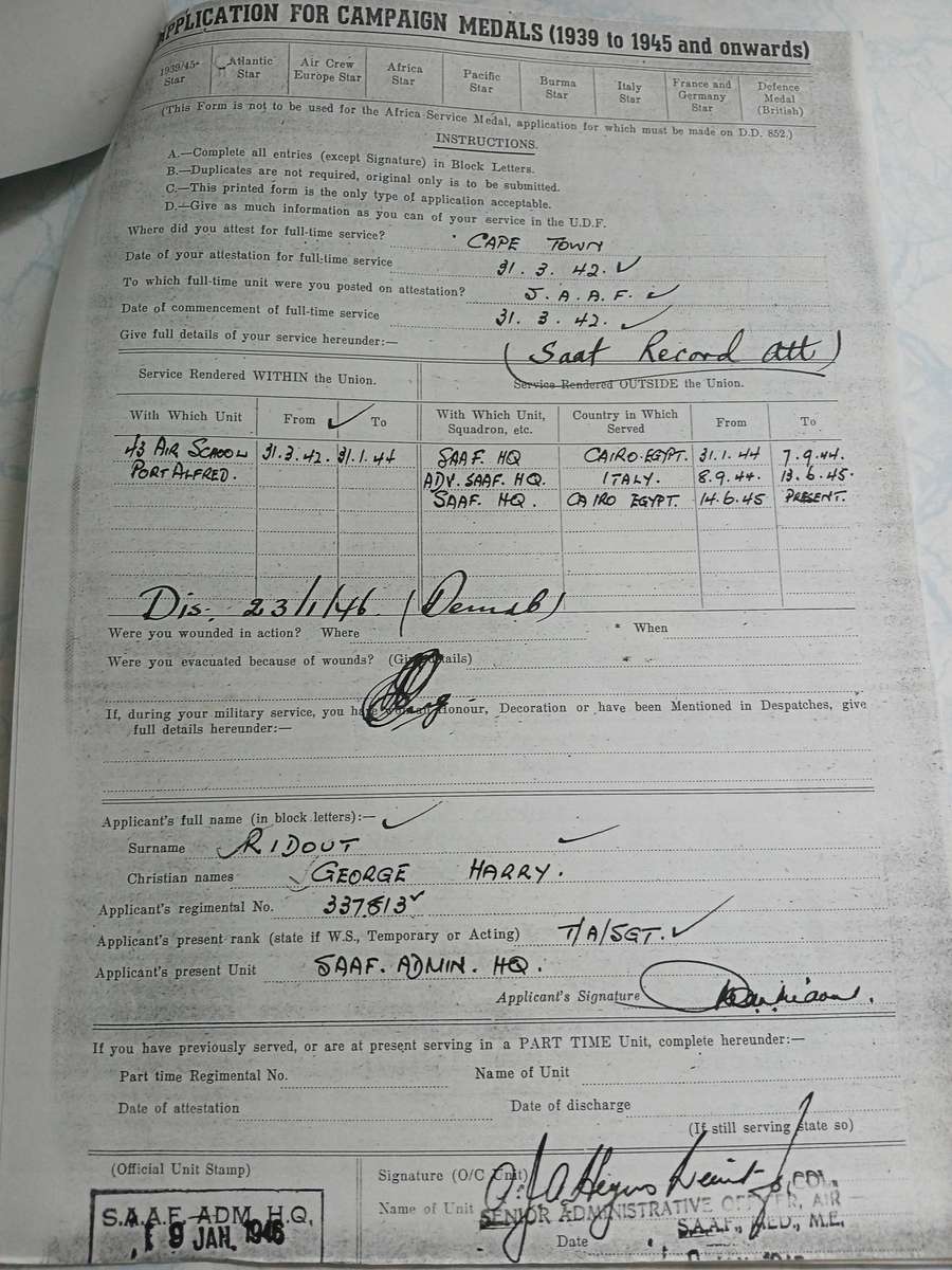 WW2 SA Defence Medal / War Medal & A.S.M. with Service Record - SAAF