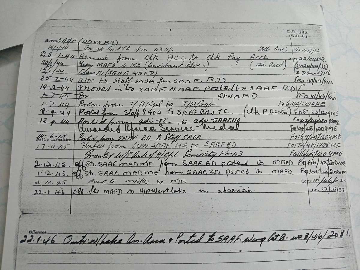 WW2 SA Defence Medal / War Medal & A.S.M. with Service Record - SAAF