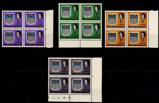 N.Rhodesia 1963 QEII Definitive ½d, 4d, 9d & 1/- in marginal Blks of 4, fine UM