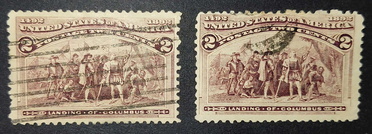 1893 USA Columbus Exposition 2c Varieties  broken tophat & broken botom right frameline