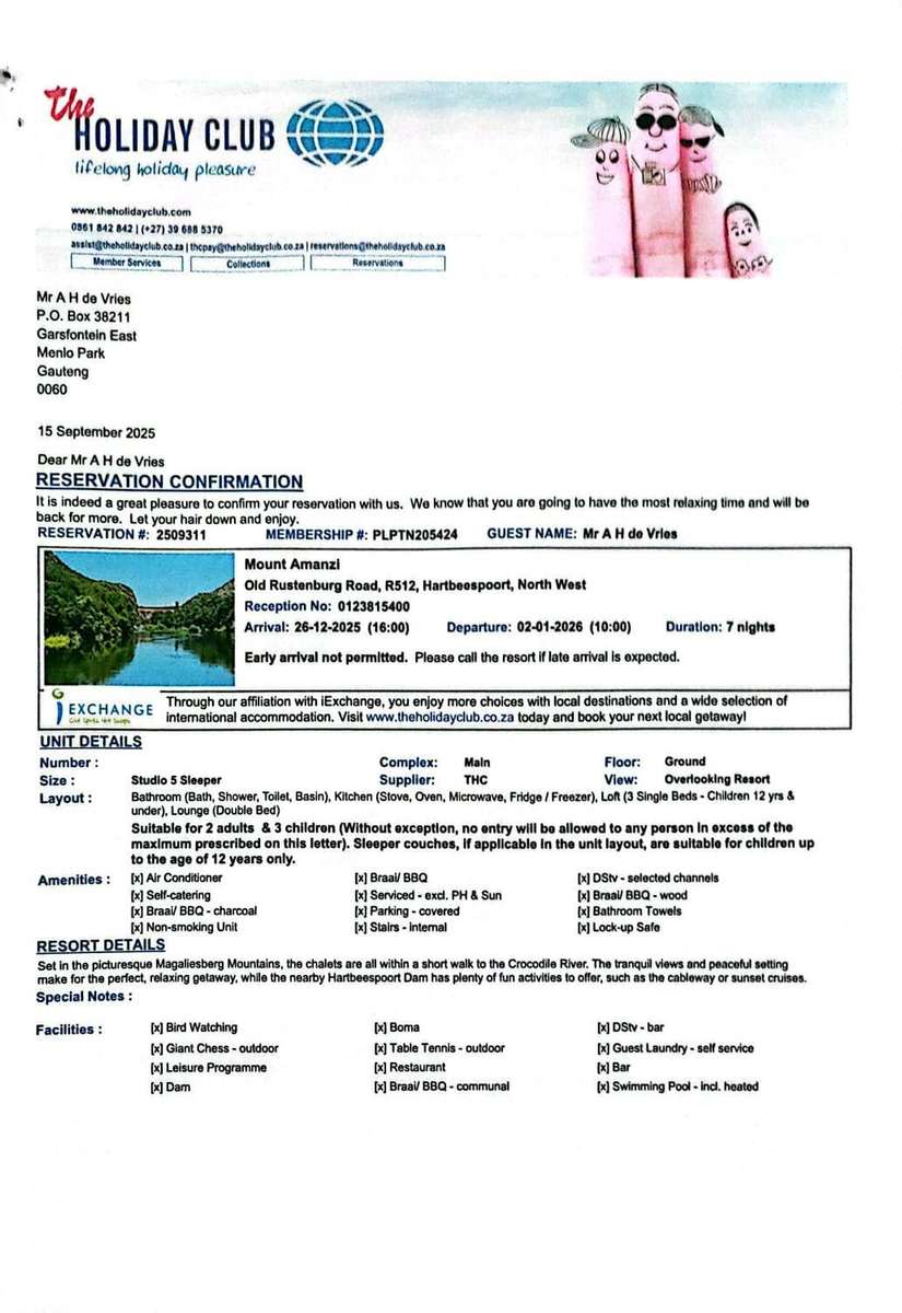 Mount Amanzi Old Rustenburg Road, R512, Hartbeespoort, North West 26/12/25-02/01/26