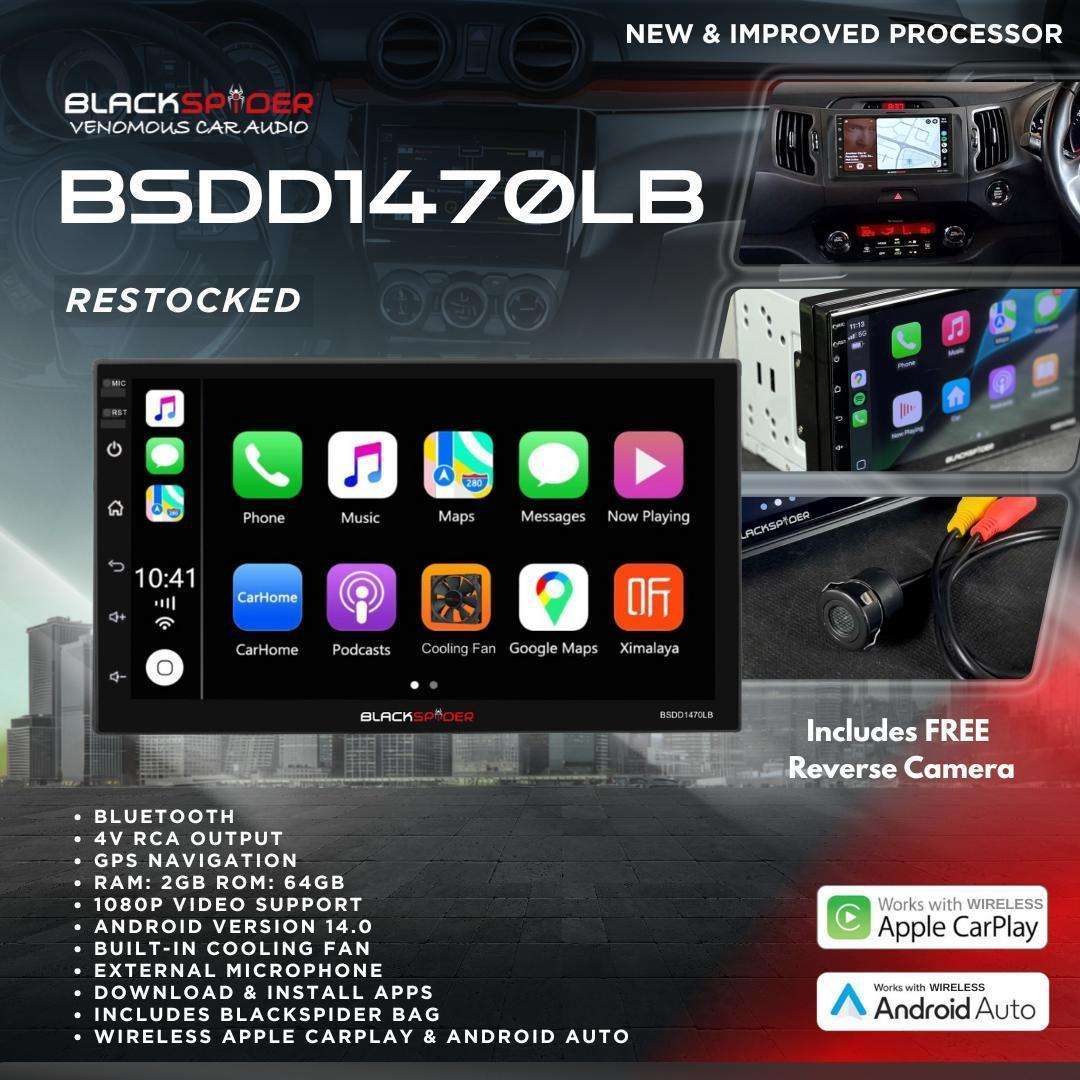 BlackSpider BSDD1470LB Double Din Wireless Apple CarPlay Android Auto Radio Long Base Radio