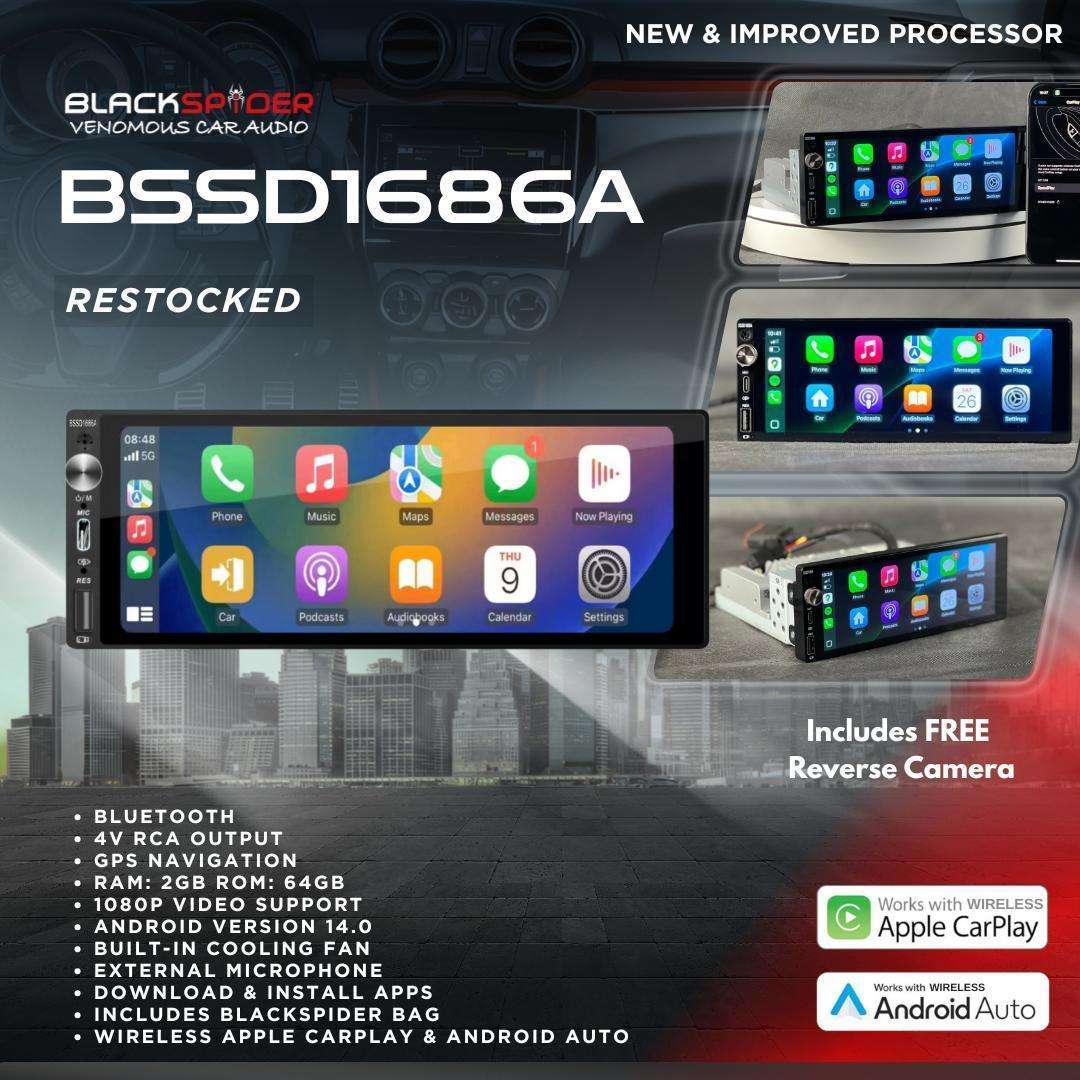 BlackSpider BSDD1686A 6.86 Single Din Wireless Apple CarPlay Android Auto Radio