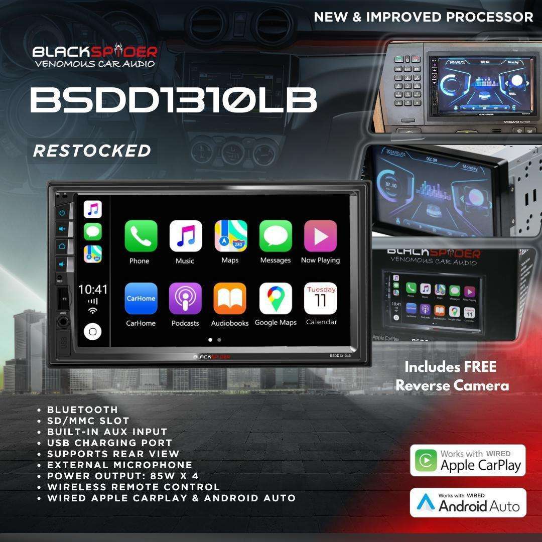 BlackSpider BSDD1310LB Double Din Bluetooth Wireless Apple CarPlay Android Auto Radio