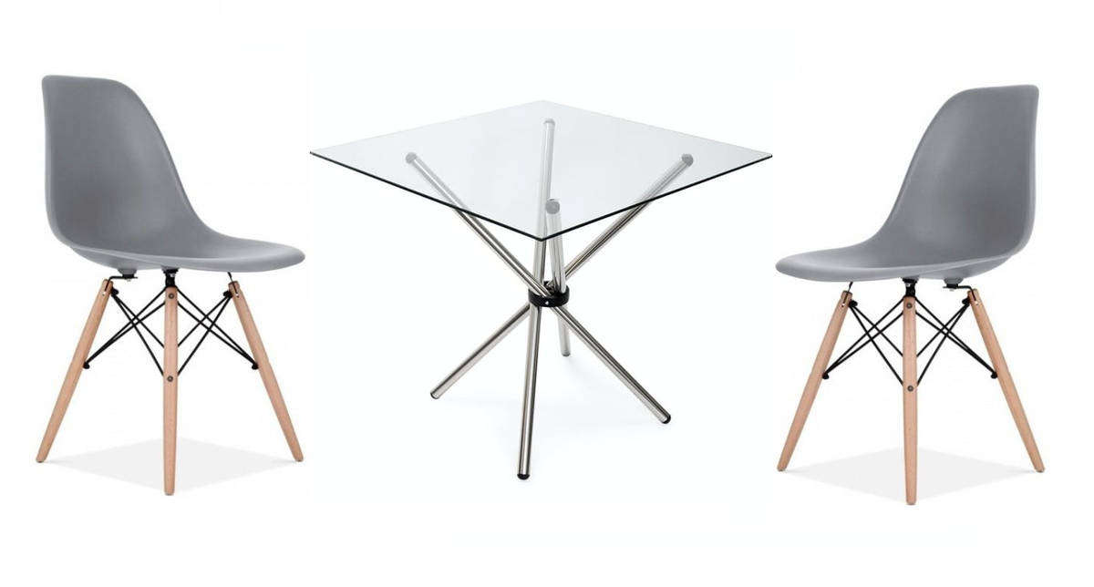 80cm square glass table with 2 wooden leg chairs in grey color