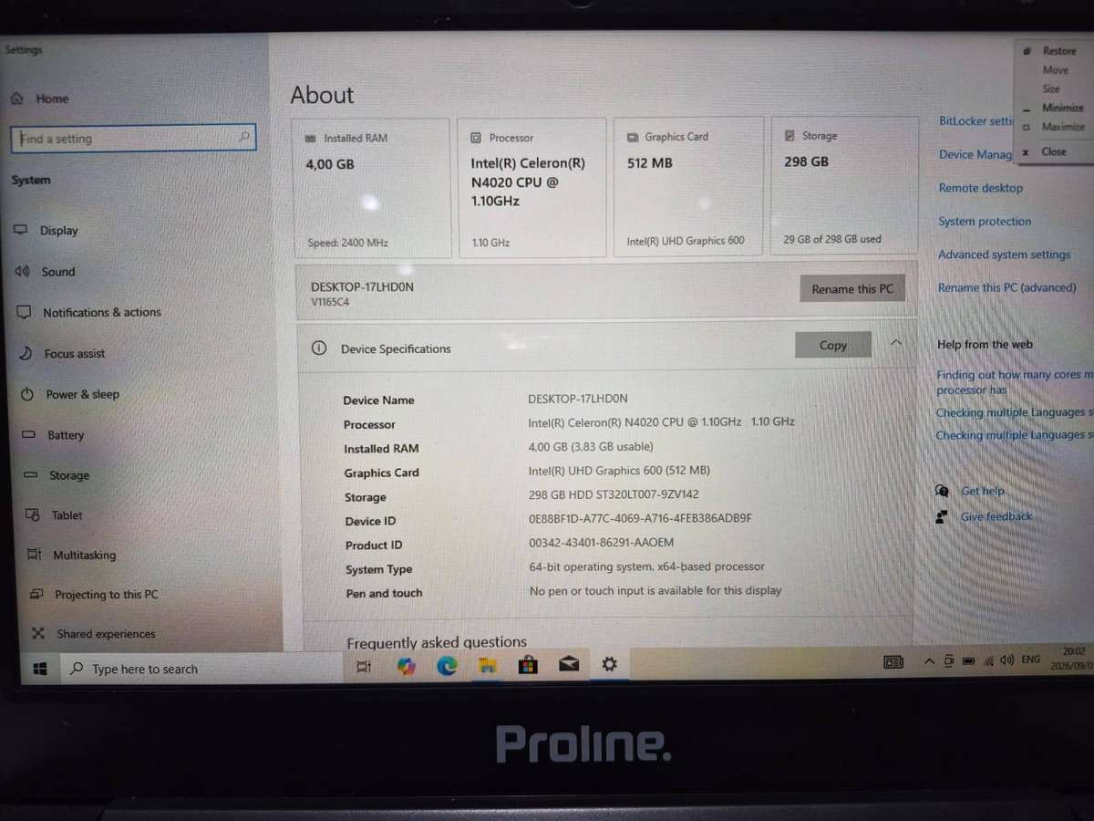 Proline V1165C4 Celeron N4020 4GB 500GB HDD 11 Inch Notebook - No Charger