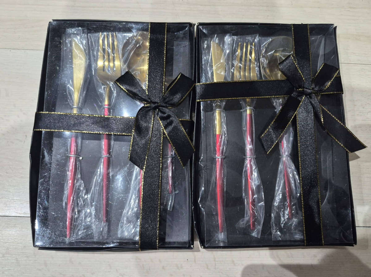 8 Pcs Luxury Golden Stainless Steel Cutlery Set with Red Handles
