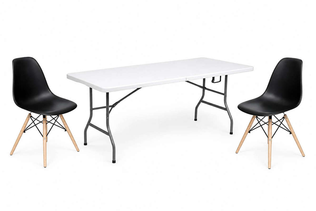 3-Piece Trestle Table & Black Eames-Style Chair Set