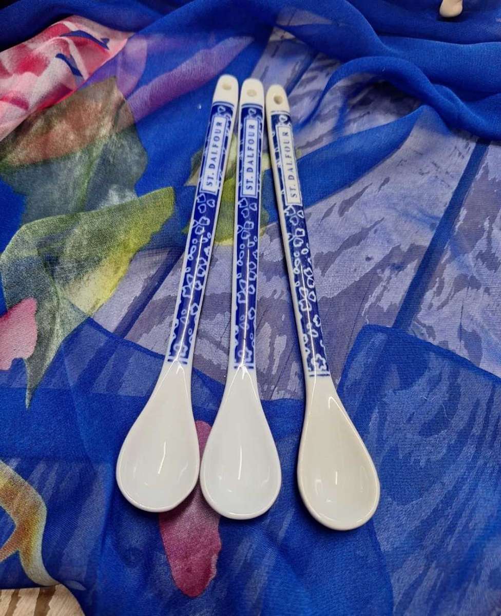 St. Balfour Set of 3 Vintage French Porcelain Jam Tea Cocktail Spoon Blue White
