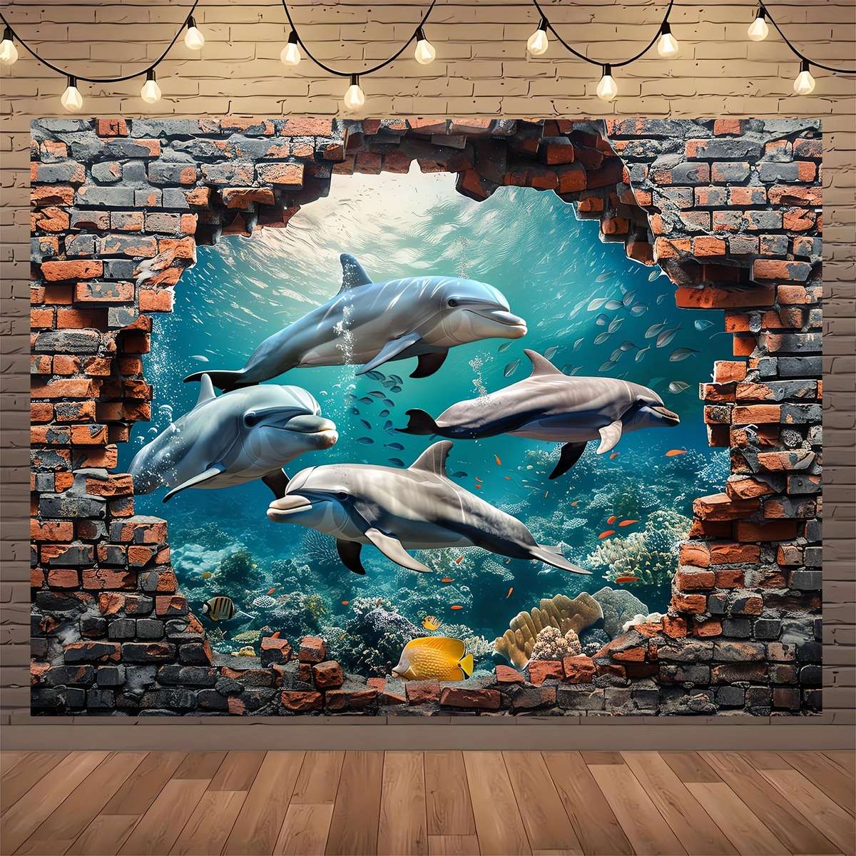 1pc Underwater World Shark And Dolphin Photography Backdrop - Polyester Coral Seaweed Red Brick Wall