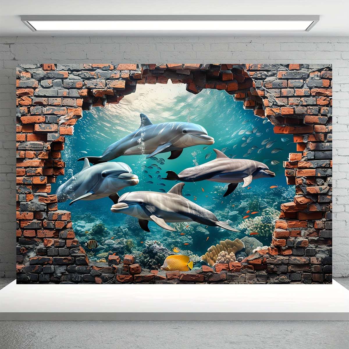 1pc Underwater World Shark And Dolphin Photography Backdrop - Polyester Coral Seaweed Red Brick Wall