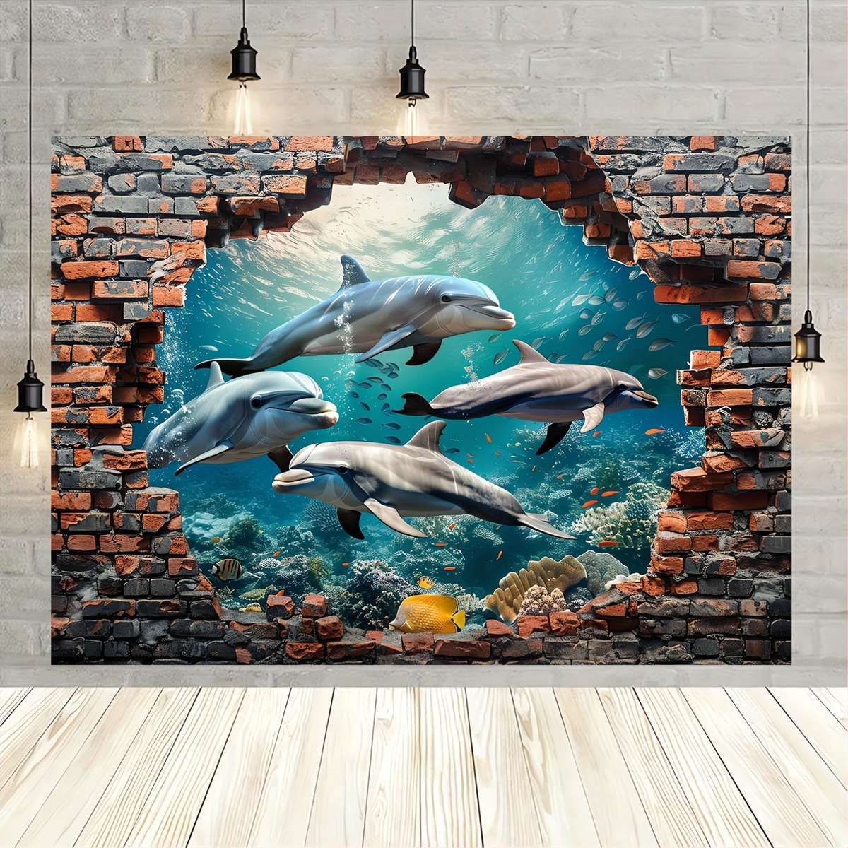 1pc Underwater World Shark And Dolphin Photography Backdrop - Polyester Coral Seaweed Red Brick Wall