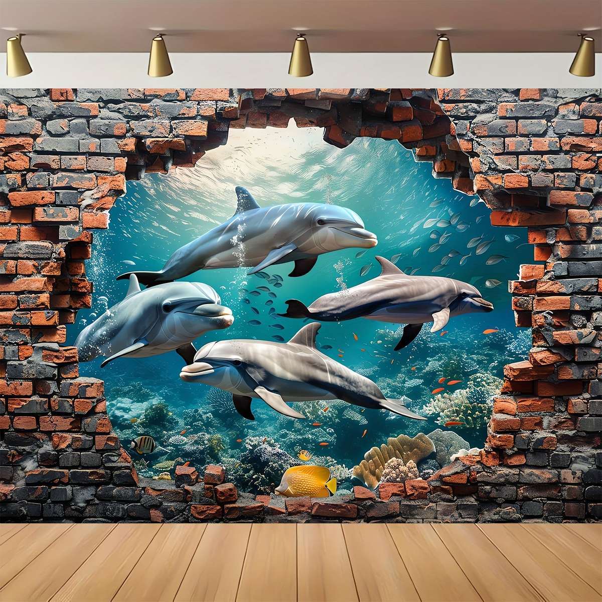 1pc Underwater World Shark And Dolphin Photography Backdrop - Polyester Coral Seaweed Red Brick Wall