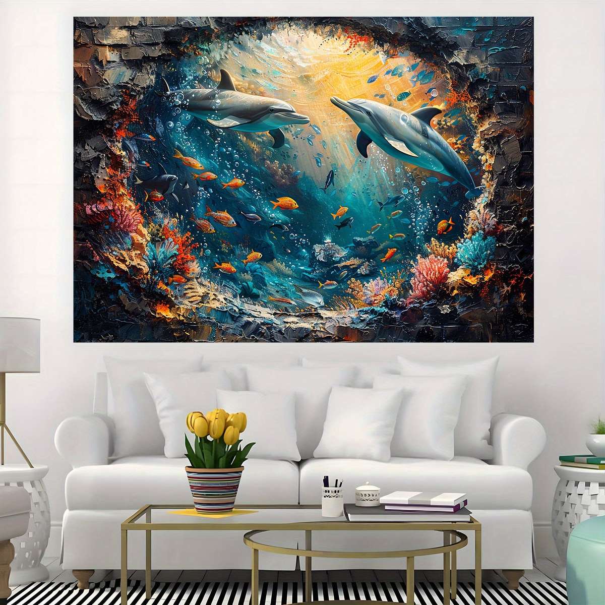 Underwater World Shark And Dolphin Backdrop - Polyester Photo Booth Props, Coral Reef And Red Brick