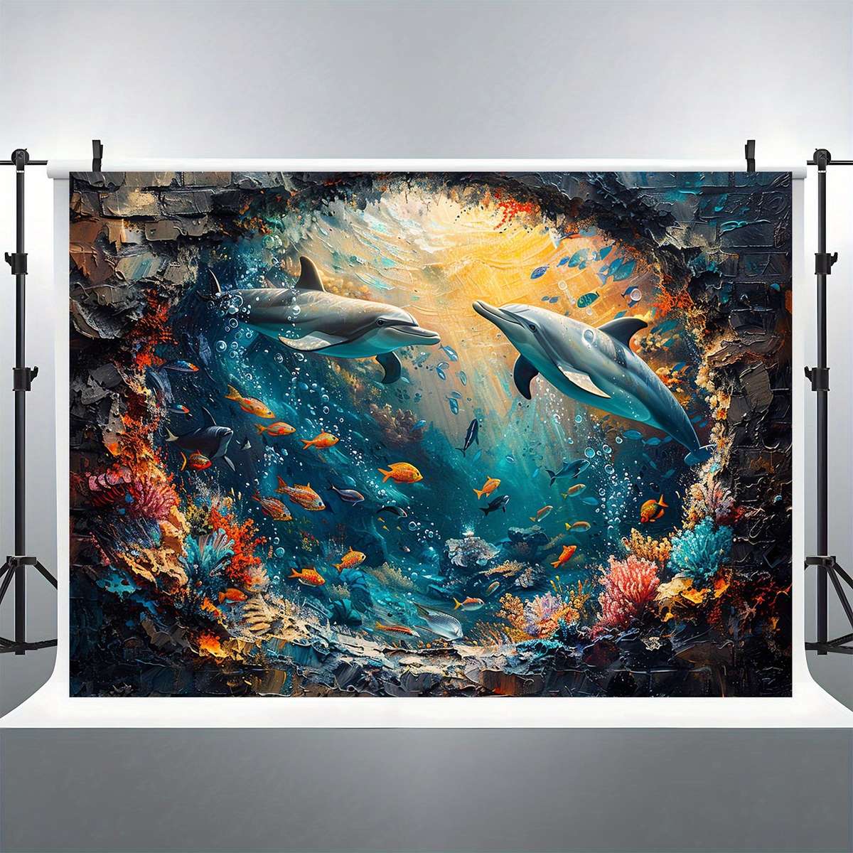 Underwater World Shark And Dolphin Backdrop - Polyester Photo Booth Props, Coral Reef And Red Brick