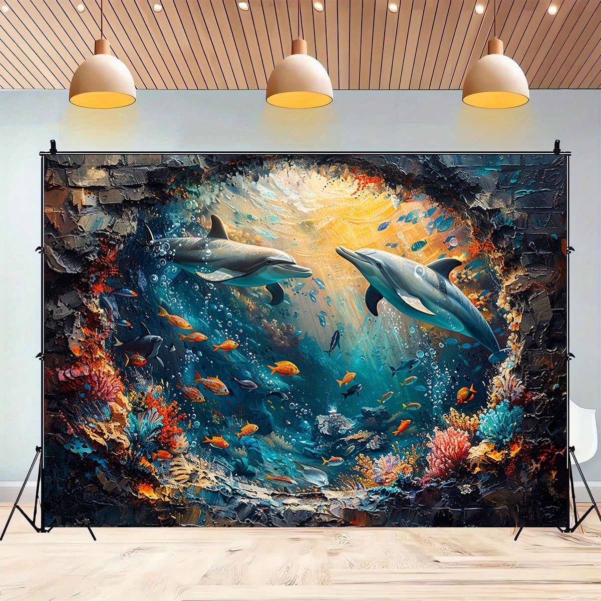 Underwater World Shark And Dolphin Backdrop - Polyester Photo Booth Props, Coral Reef And Red Brick