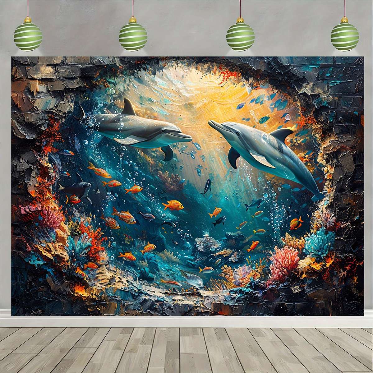 Underwater World Shark And Dolphin Backdrop - Polyester Photo Booth Props, Coral Reef And Red Brick