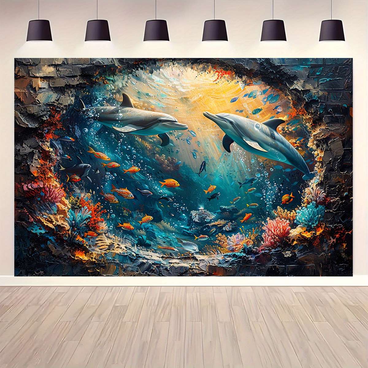 Underwater World Shark And Dolphin Backdrop - Polyester Photo Booth Props, Coral Reef And Red Brick