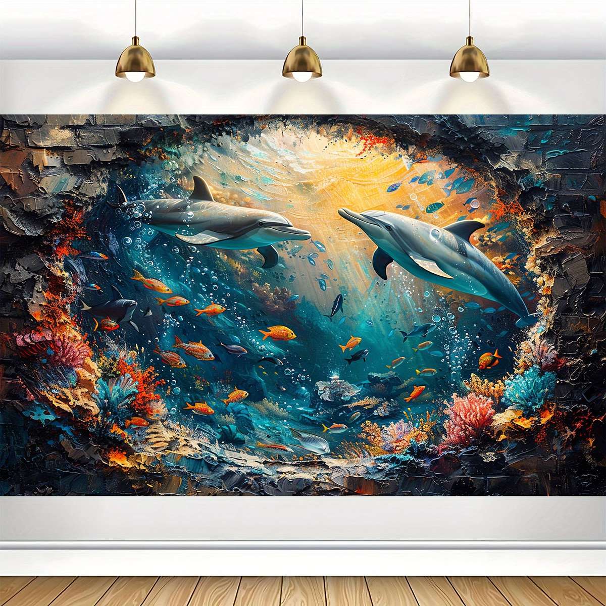 Underwater World Shark And Dolphin Backdrop - Polyester Photo Booth Props, Coral Reef And Red Brick