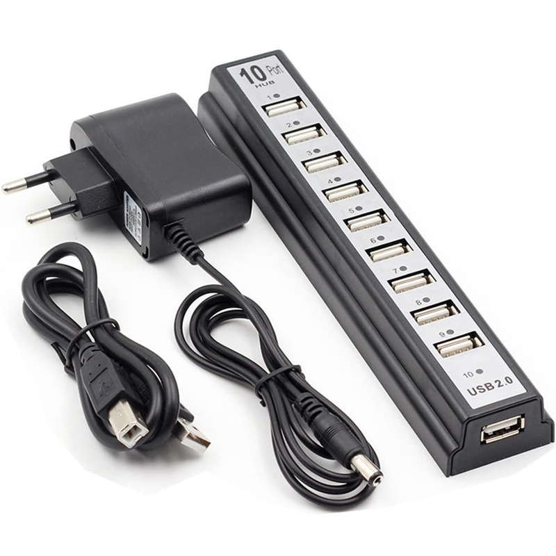 10-Port USB 2.0 Adapter Hub with Charger and Printer Cables