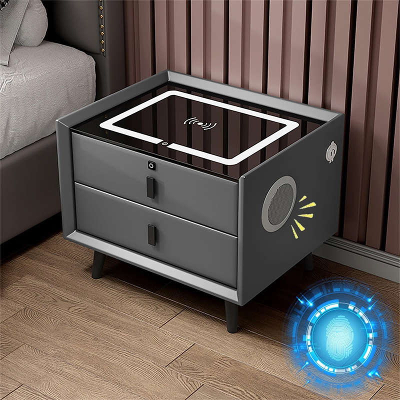 Modern Smart Bedside Table with Wireless Charging Color Light Fingerprint Lock Sound