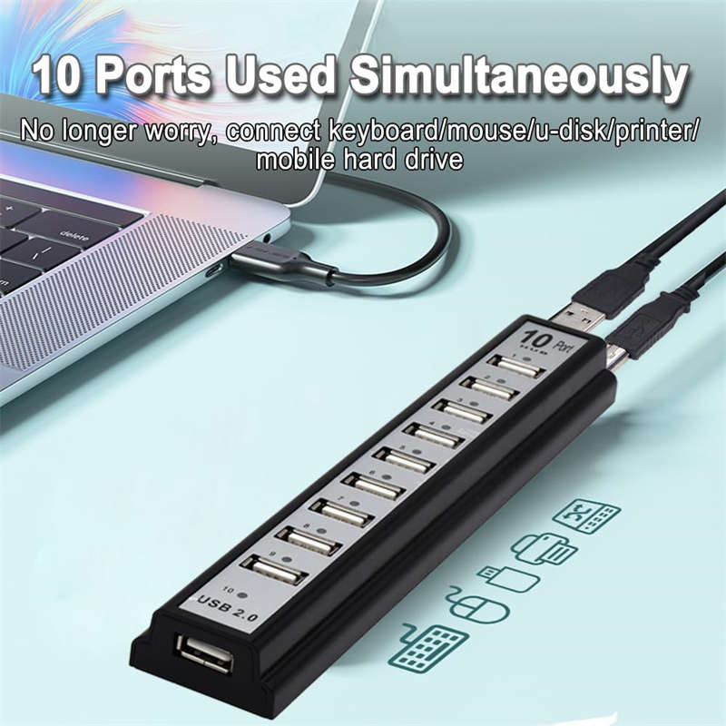 10-Port USB 2.0 Adapter Hub with Charger and Printer Cables