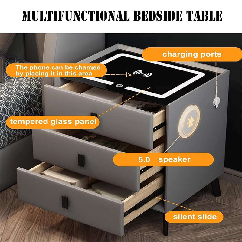 Modern Smart Bedside Table with Wireless Charging Color Light Fingerprint Lock Sound