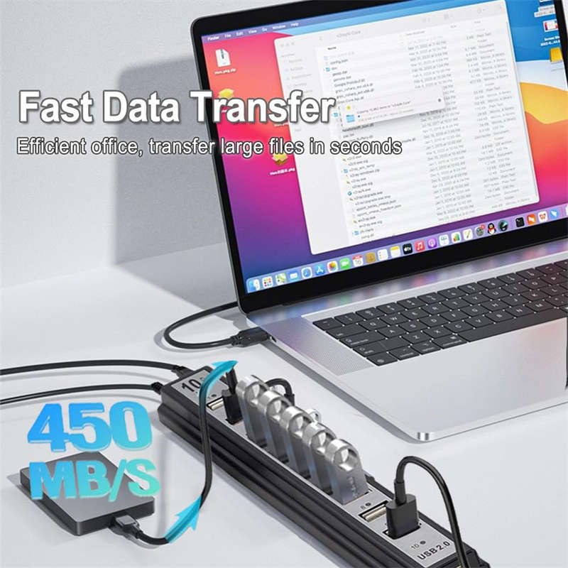 10-Port USB 2.0 Adapter Hub with Charger and Printer Cables